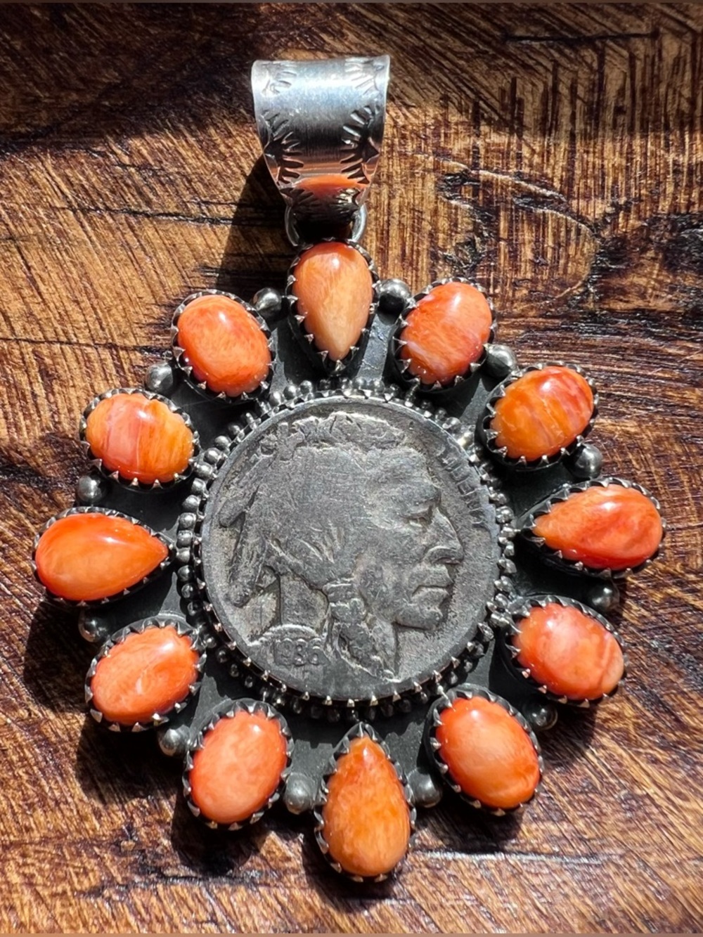 Spiny Oyster Buffalo Nickel Cluster Pendant Sterling Silver Statement
